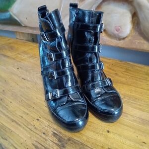 ASH Black Leather Women's Buckle Strap Ankle Boots Heels Size 38=7.5